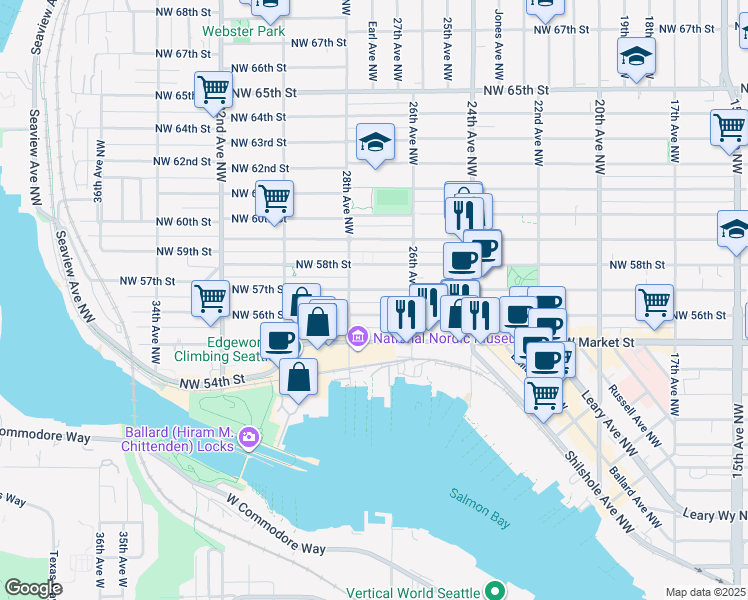 map of restaurants, bars, coffee shops, grocery stores, and more near 5616 28th Avenue Northwest in Seattle