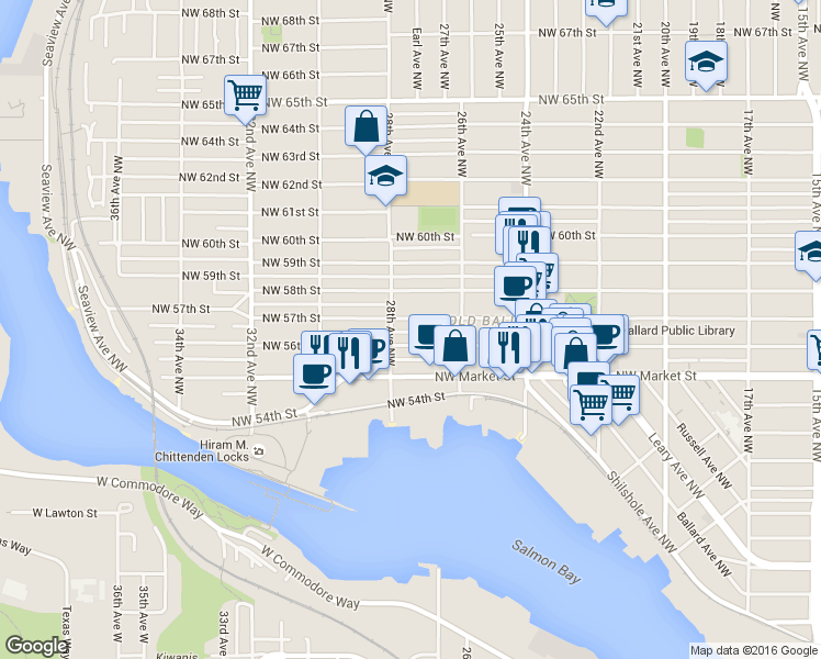 map of restaurants, bars, coffee shops, grocery stores, and more near 5616 28th Avenue Northwest in Seattle