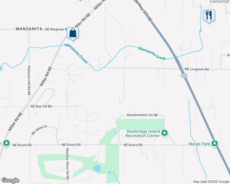 map of restaurants, bars, coffee shops, grocery stores, and more near 8051 Northeast Lovgreen Road in Bainbridge Island