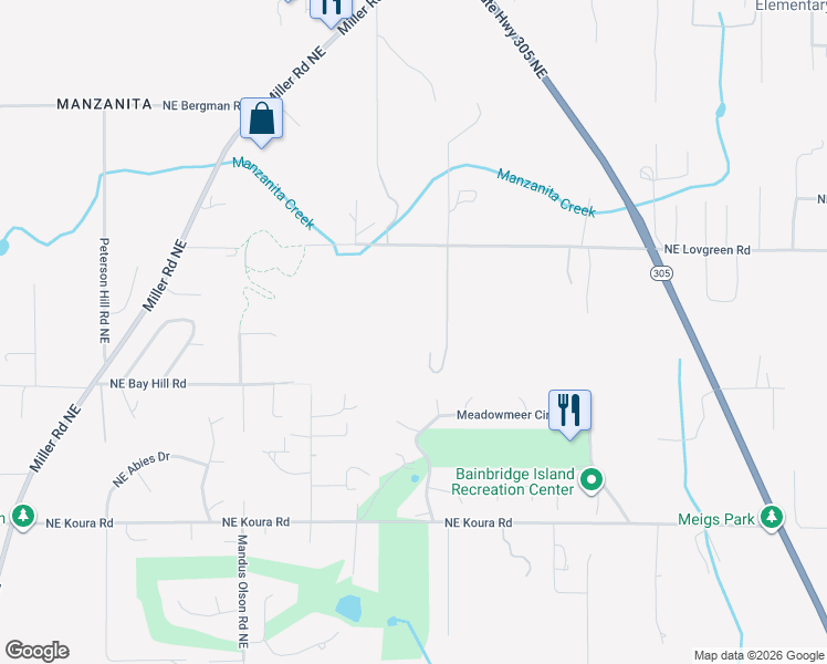 map of restaurants, bars, coffee shops, grocery stores, and more near 8051 Northeast Lovgreen Road in Bainbridge Island