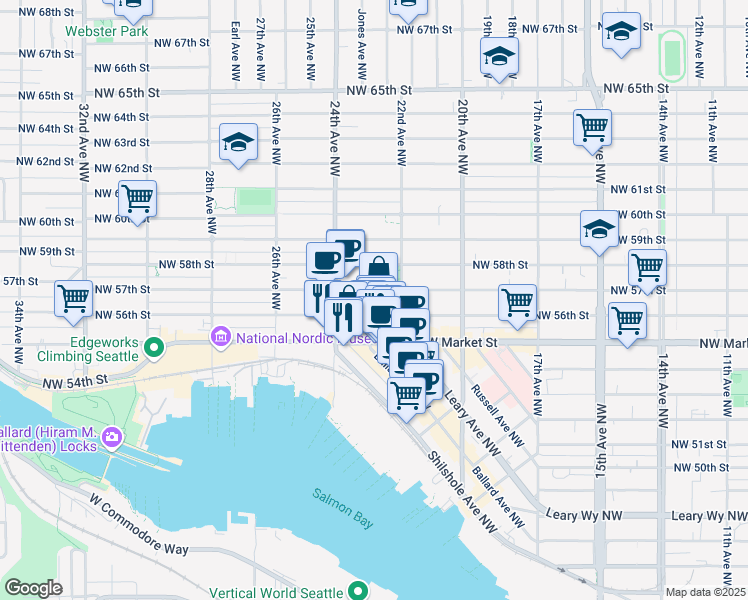 map of restaurants, bars, coffee shops, grocery stores, and more near 2237 Northwest 57th Street in Seattle