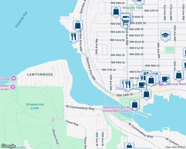 map of restaurants, bars, coffee shops, grocery stores, and more near 5608 Seaview Avenue Northwest in Seattle