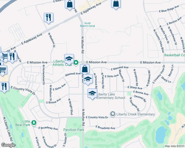 map of restaurants, bars, coffee shops, grocery stores, and more near 1413 North Ormond Road in Liberty Lake