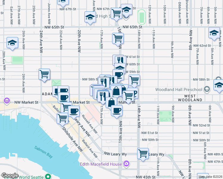 map of restaurants, bars, coffee shops, grocery stores, and more near 1527 Northwest 57th Street in Seattle