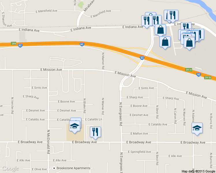 map of restaurants, bars, coffee shops, grocery stores, and more near 1402 North Mamer Road in Spokane Valley