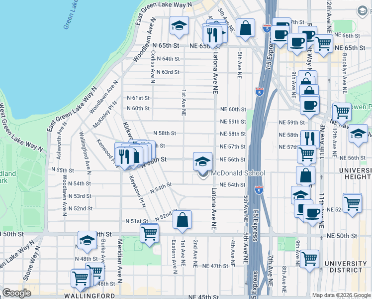 map of restaurants, bars, coffee shops, grocery stores, and more near 101 Northeast 57th Street in Seattle