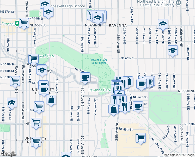 map of restaurants, bars, coffee shops, grocery stores, and more near 2124 Northeast Park Road in Seattle