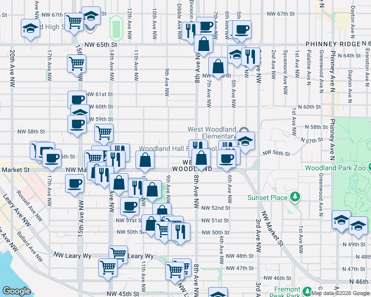 map of restaurants, bars, coffee shops, grocery stores, and more near 821 Northwest 57th Street in Seattle