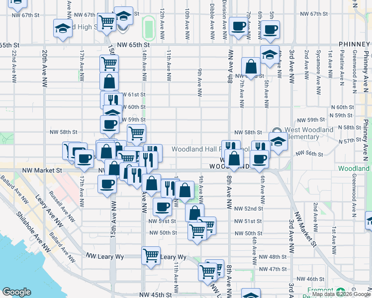 map of restaurants, bars, coffee shops, grocery stores, and more near 927 Northwest 57th Street in Seattle