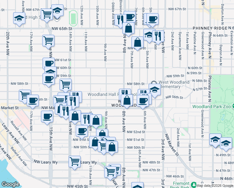 map of restaurants, bars, coffee shops, grocery stores, and more near 821 Northwest 57th Street in Seattle