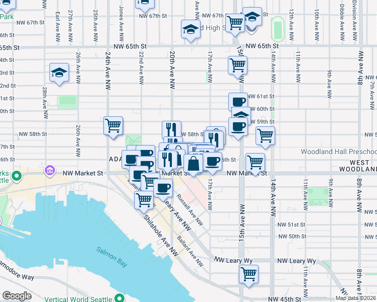 map of restaurants, bars, coffee shops, grocery stores, and more near 1743 Northwest 57th Street in Seattle