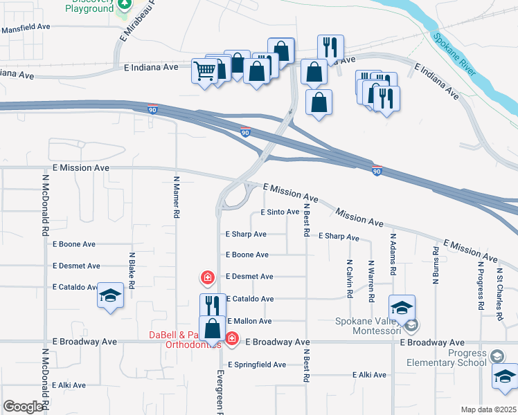 map of restaurants, bars, coffee shops, grocery stores, and more near 1405 North Bolivar Road in Spokane Valley