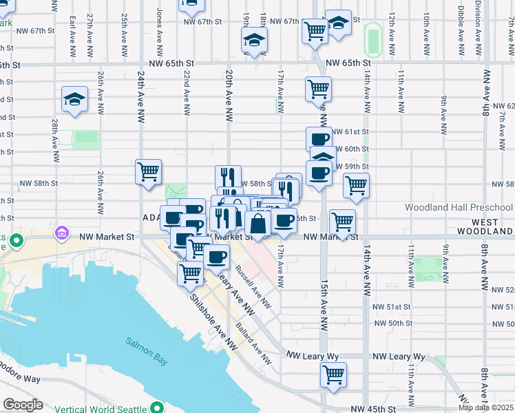 map of restaurants, bars, coffee shops, grocery stores, and more near 1731 Northwest 57th Street in Seattle