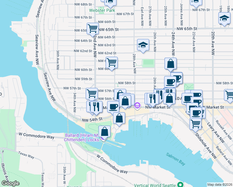 map of restaurants, bars, coffee shops, grocery stores, and more near 2859 Northwest 57th Street in Seattle