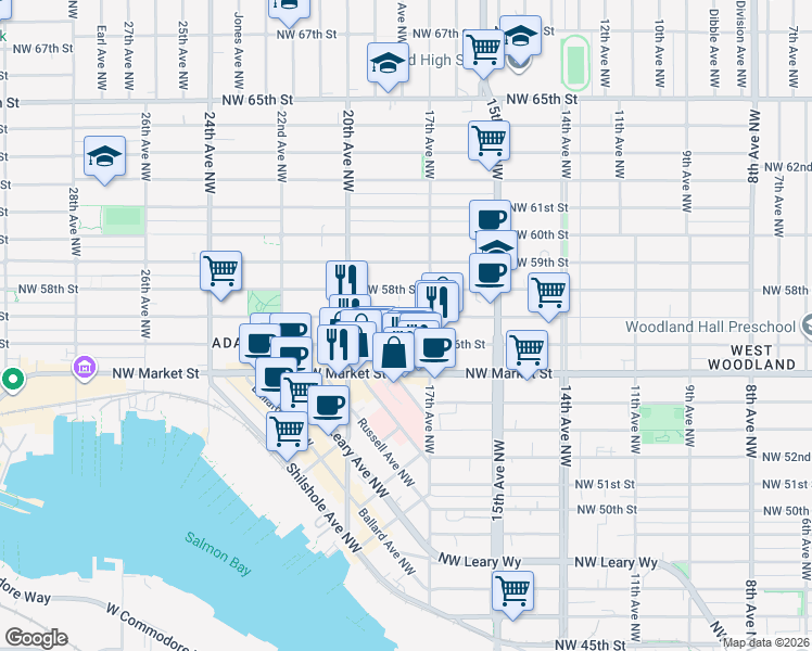 map of restaurants, bars, coffee shops, grocery stores, and more near 1719 Northwest 57th Street in Seattle