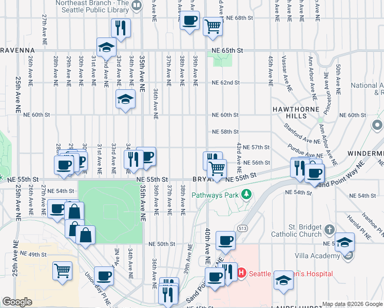 map of restaurants, bars, coffee shops, grocery stores, and more near 5549 39th Avenue Northeast in Seattle