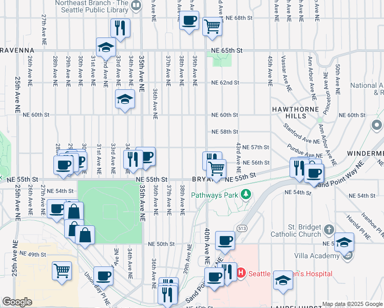 map of restaurants, bars, coffee shops, grocery stores, and more near 5549 39th Avenue Northeast in Seattle