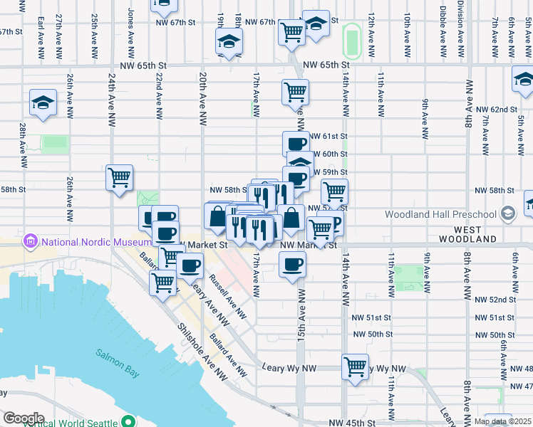 map of restaurants, bars, coffee shops, grocery stores, and more near 5617 17th Avenue Northwest in Seattle
