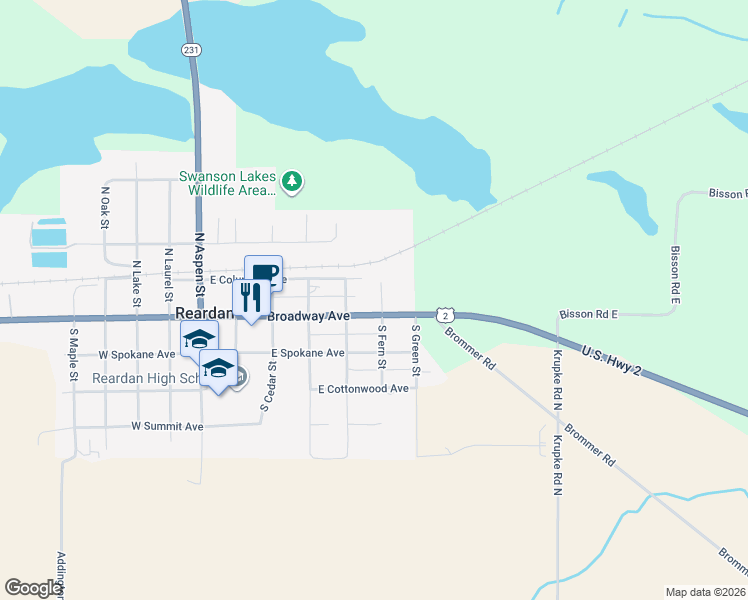 map of restaurants, bars, coffee shops, grocery stores, and more near 550 Broadway Avenue in Reardan