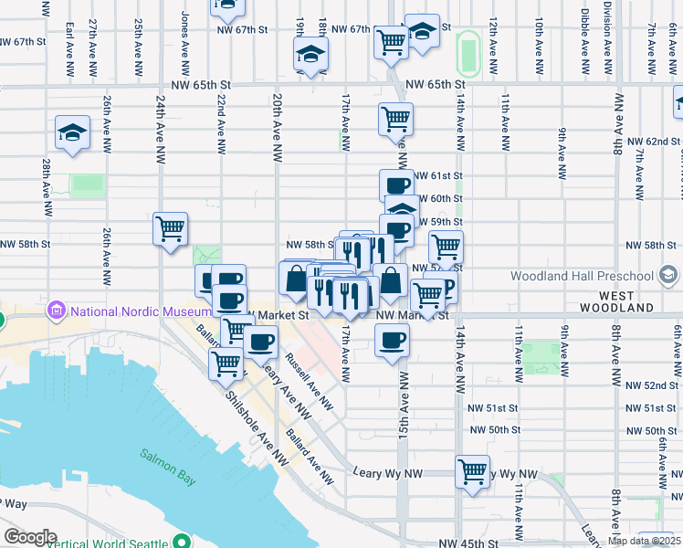 map of restaurants, bars, coffee shops, grocery stores, and more near 5611 17th Avenue Northwest in Seattle