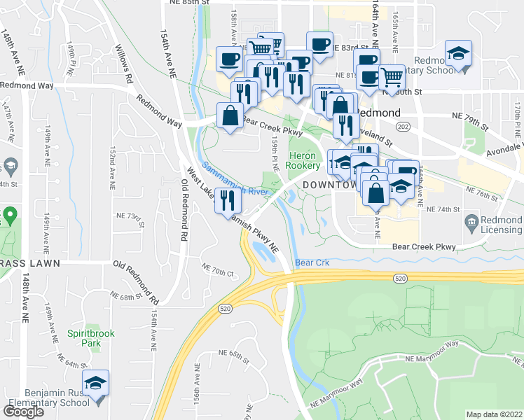map of restaurants, bars, coffee shops, grocery stores, and more near 15842 Leary Way Northeast in Redmond
