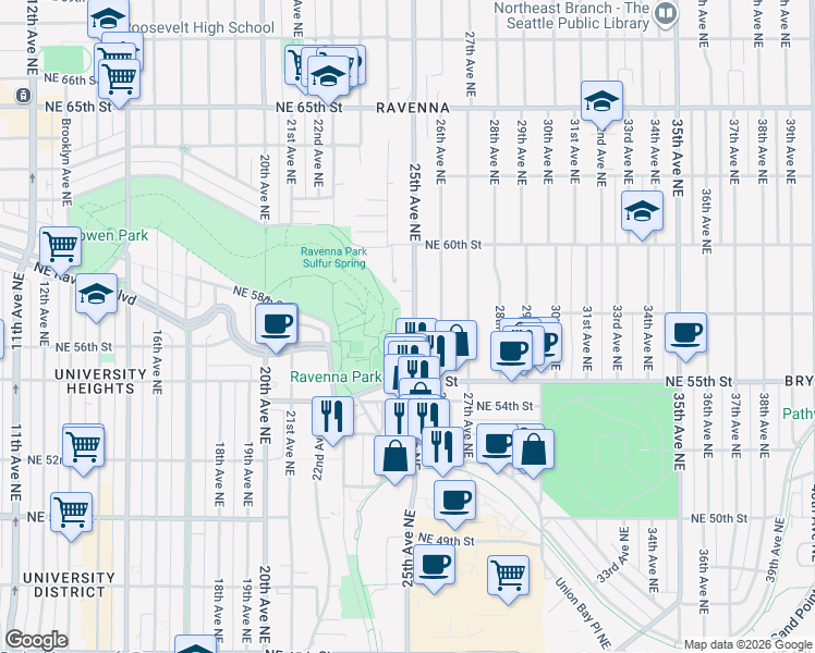 map of restaurants, bars, coffee shops, grocery stores, and more near 5547 25th Avenue Northeast in Seattle