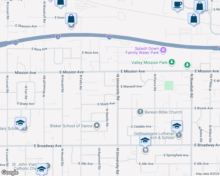 map of restaurants, bars, coffee shops, grocery stores, and more near 10602 East Maxwell Avenue in Spokane Valley