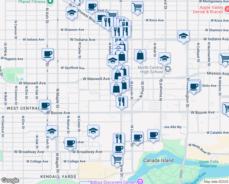 map of restaurants, bars, coffee shops, grocery stores, and more near 1019 West Sinto Avenue in Spokane