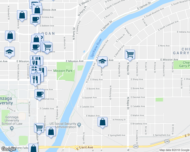map of restaurants, bars, coffee shops, grocery stores, and more near 1312 North Helena Street in Spokane