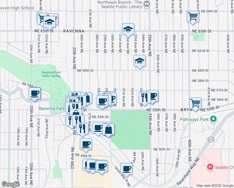 map of restaurants, bars, coffee shops, grocery stores, and more near 5550 30th Avenue Northeast in Seattle