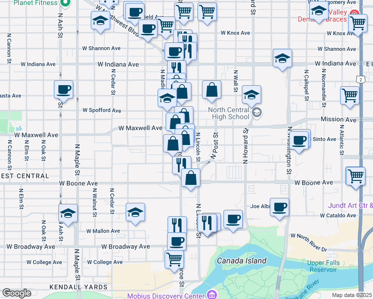 map of restaurants, bars, coffee shops, grocery stores, and more near 1322 North Monroe Street in Spokane