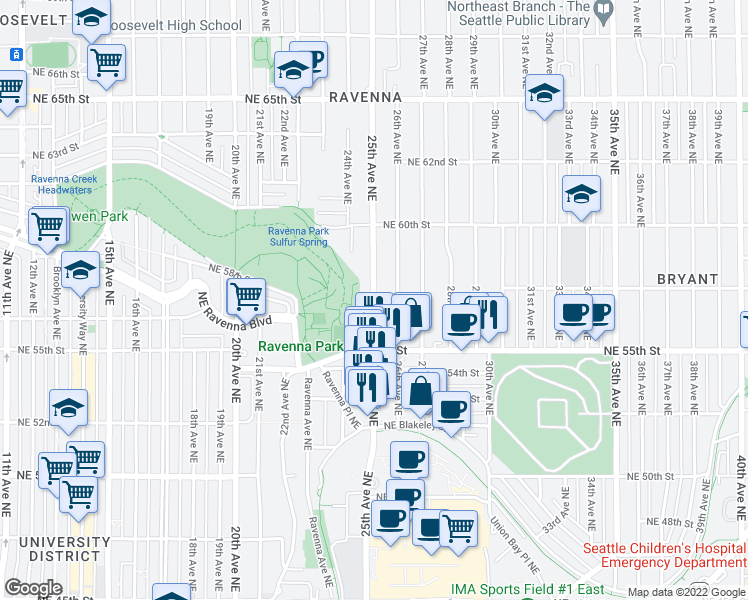 map of restaurants, bars, coffee shops, grocery stores, and more near 25th Ave NE & NE 57th St in Seattle