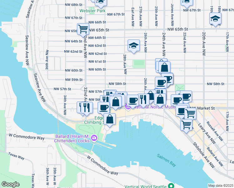 map of restaurants, bars, coffee shops, grocery stores, and more near 2825 Northwest 57th Street in Seattle