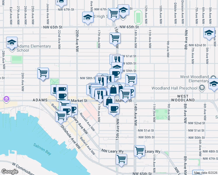 map of restaurants, bars, coffee shops, grocery stores, and more near 1527 Northwest 57th Street in Seattle
