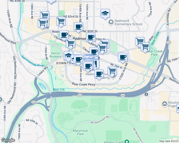 map of restaurants, bars, coffee shops, grocery stores, and more near 16539 Northeast 74th Street in Redmond