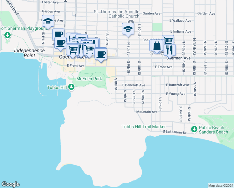 map of restaurants, bars, coffee shops, grocery stores, and more near in Coeur d'Alene