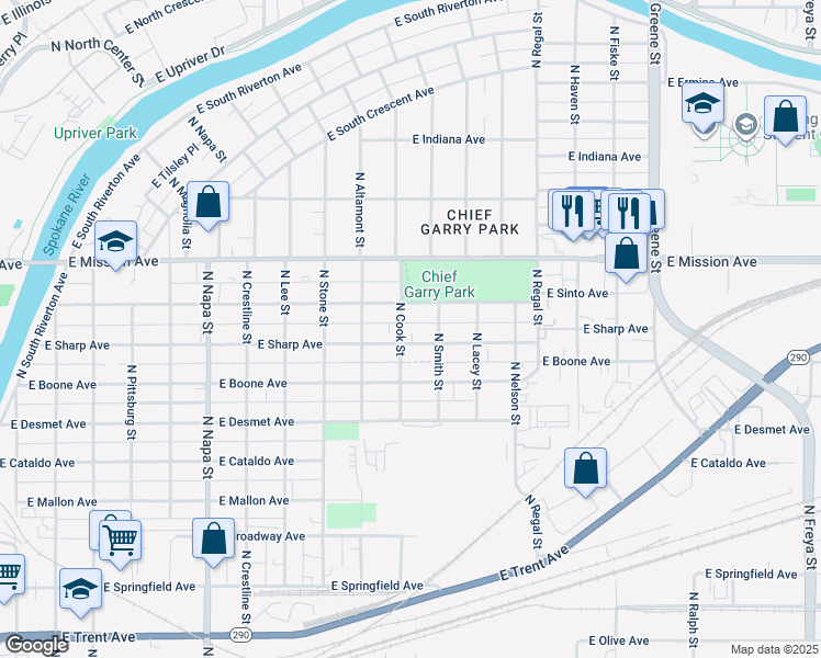 map of restaurants, bars, coffee shops, grocery stores, and more near 1308 North Cook Street in Spokane