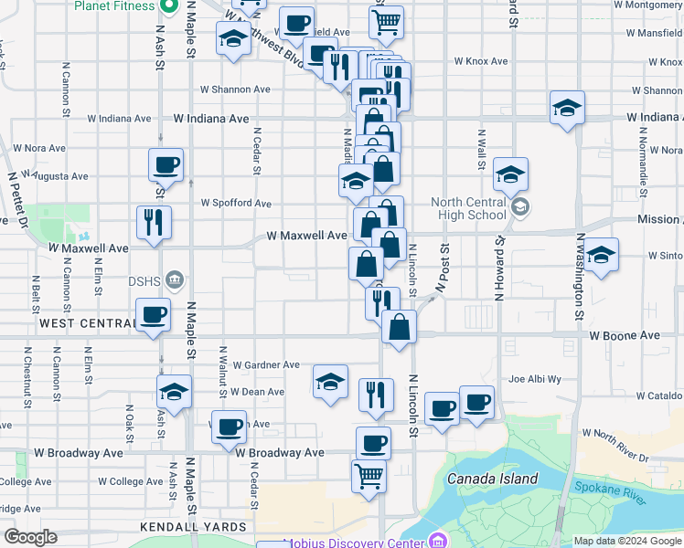 map of restaurants, bars, coffee shops, grocery stores, and more near 1117 West Sinto Avenue in Spokane