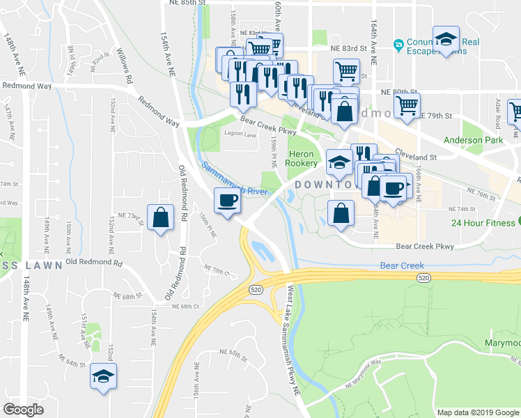 map of restaurants, bars, coffee shops, grocery stores, and more near 15825 Northeast Leary Way in Redmond