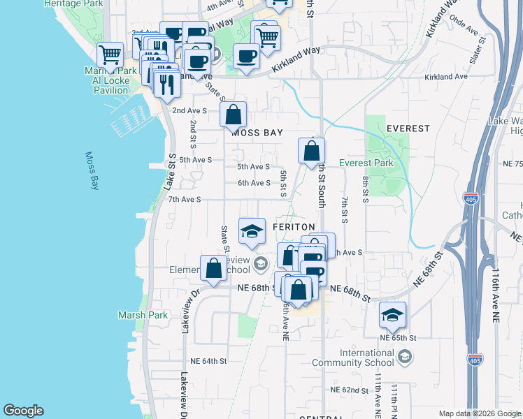 map of restaurants, bars, coffee shops, grocery stores, and more near 733 4th Court South in Kirkland