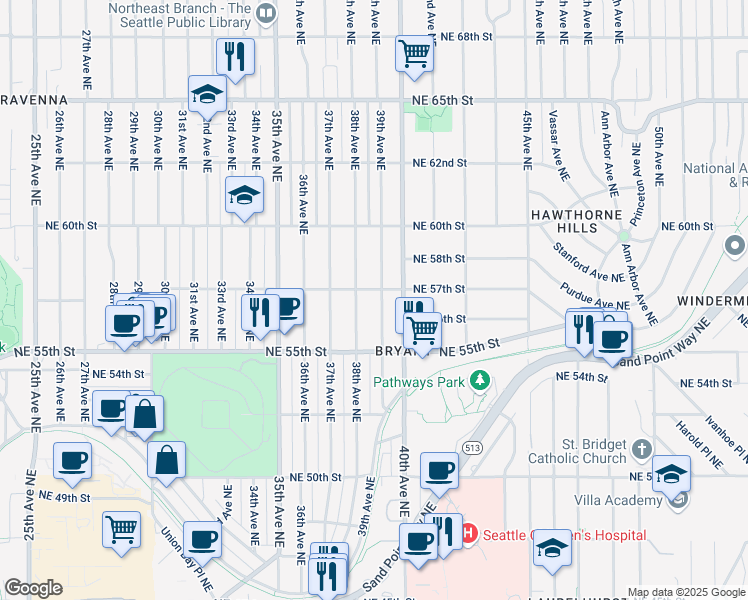 map of restaurants, bars, coffee shops, grocery stores, and more near 5549 39th Avenue Northeast in Seattle