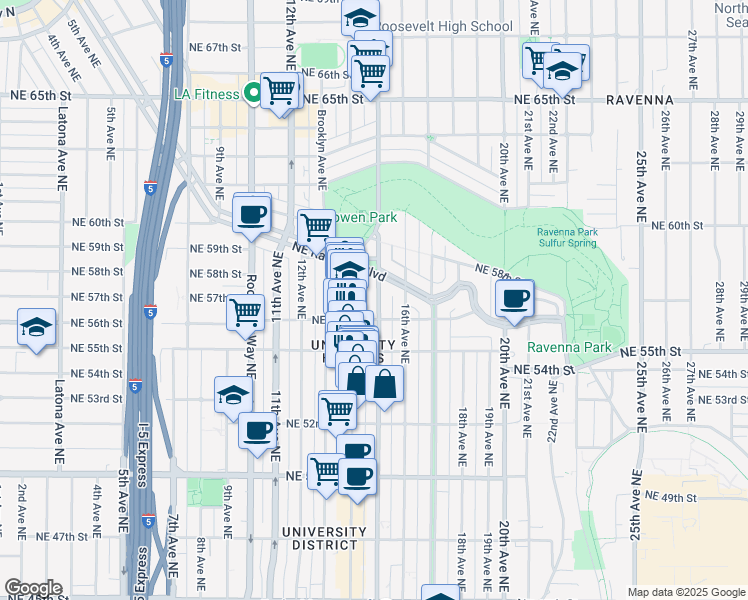 map of restaurants, bars, coffee shops, grocery stores, and more near 5616 15th Avenue Northeast in Seattle