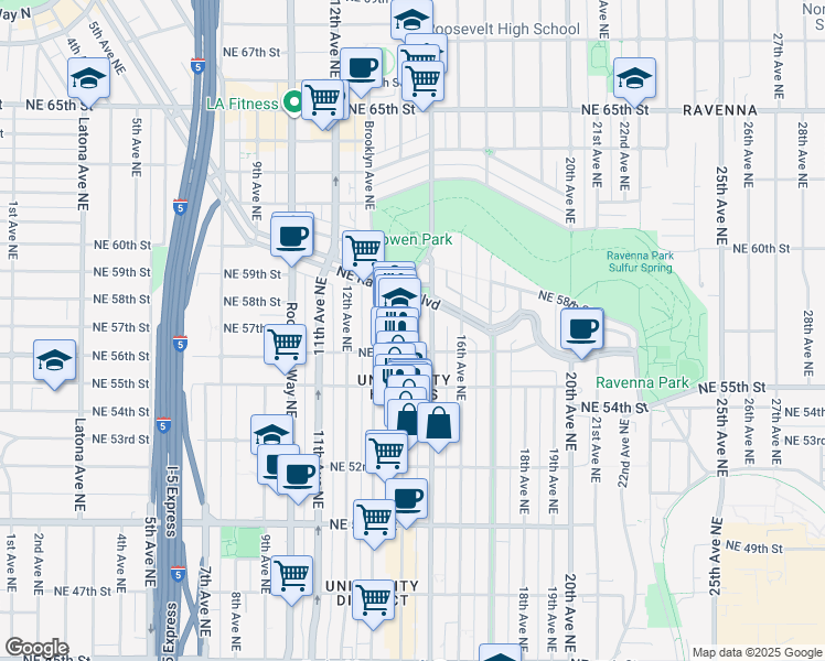 map of restaurants, bars, coffee shops, grocery stores, and more near 5619 University Way Northeast in Seattle