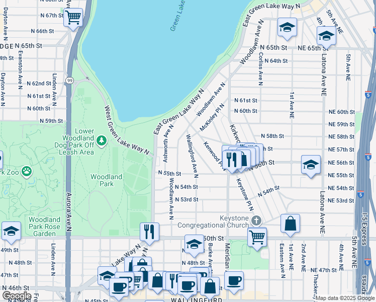 map of restaurants, bars, coffee shops, grocery stores, and more near 5547 Wallingford Avenue North in Seattle
