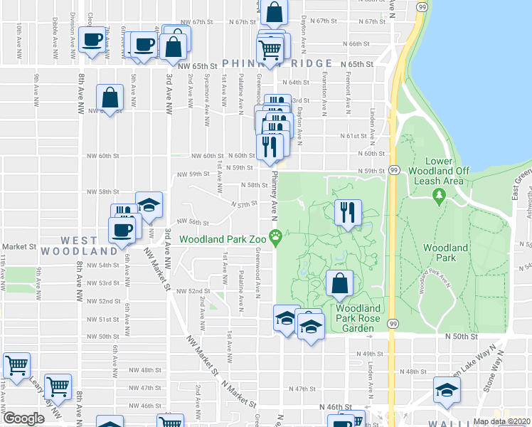 map of restaurants, bars, coffee shops, grocery stores, and more near 5611 Phinney Avenue North in Seattle