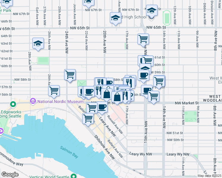 map of restaurants, bars, coffee shops, grocery stores, and more near 1743 Northwest 57th Street in Seattle