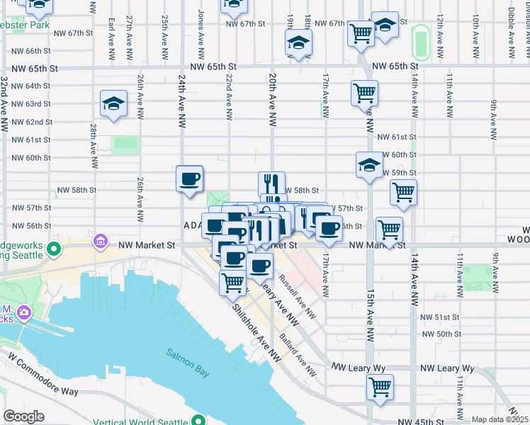 map of restaurants, bars, coffee shops, grocery stores, and more near 5650 20th Avenue Northwest in Seattle