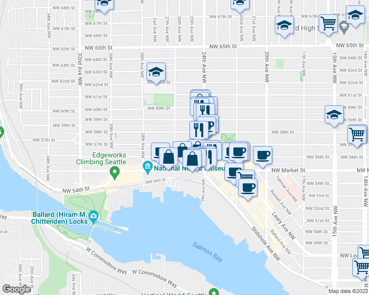 map of restaurants, bars, coffee shops, grocery stores, and more near 2437 Northwest 57th Street in Seattle
