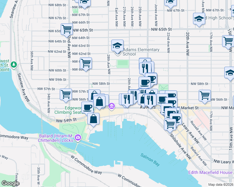map of restaurants, bars, coffee shops, grocery stores, and more near 5616 28th Avenue Northwest in Seattle