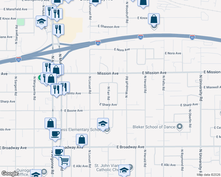 map of restaurants, bars, coffee shops, grocery stores, and more near 1410 North Farr Road in Spokane Valley